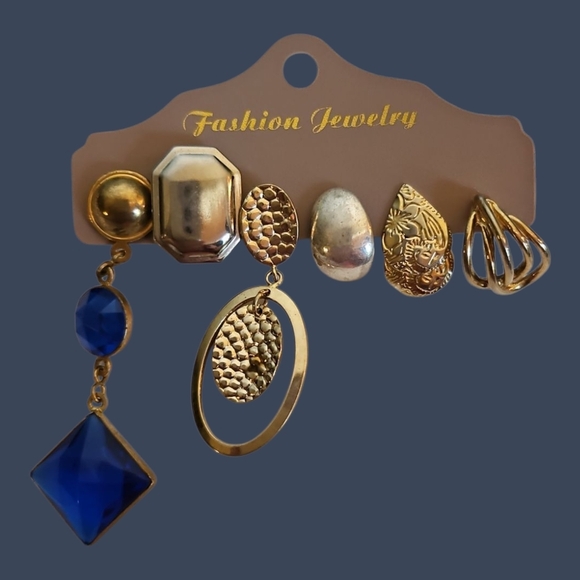 Vtg 1980s Set of Six Single Gold Silver and Blue Earrings - Picture 1 of 4